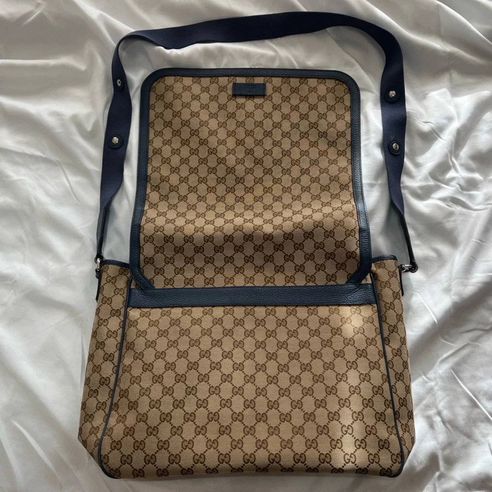Gucci GG Canvas Messenger Diaper Bag - Blue Trim